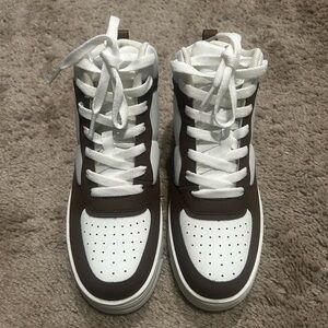 Brown and White High Top Women Sneakers. Size 8